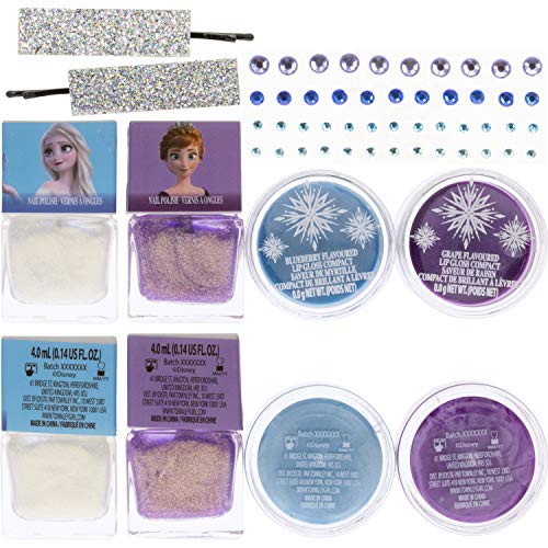 Disney Frozen 2 - Townley Girl Set de maquillaje con 11 piezas, que incluye brillo de labios, esmalte de uñas, espejo, pegatinas de gemas y bolsa con flecos holográficos, mayores de 3 años