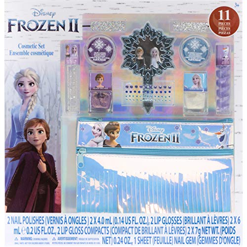 Disney Frozen 2 - Townley Girl Set de maquillaje con 11 piezas, que incluye brillo de labios, esmalte de uñas, espejo, pegatinas de gemas y bolsa con flecos holográficos, mayores de 3 años