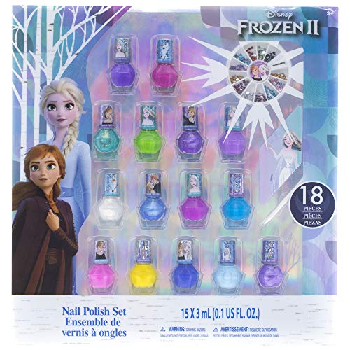 Disney Frozen - Townley Girl Juego de esmaltes de uñas despegables no tóxicos con colores brillantes y opacos con gemas de uñas para niñas, niños y niñas de 3 años o más, 18 piezas