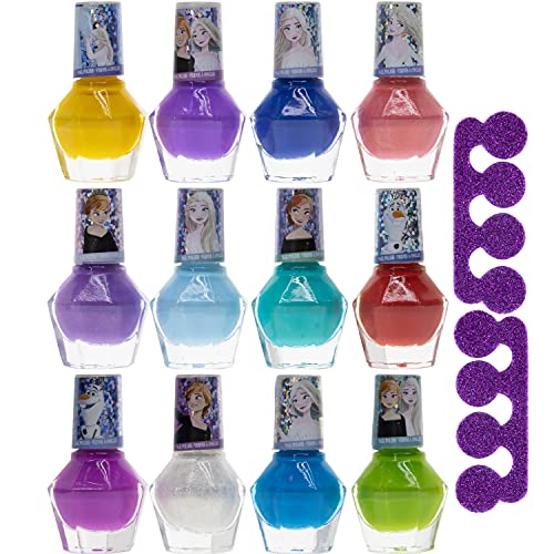 Disney Frozen - Townley Girl Juego de regalo de esmalte de uñas de secado rápido, no tóxico, para niños y niñas pequeñas, con limas de uñas de bonificación, 12 piezas