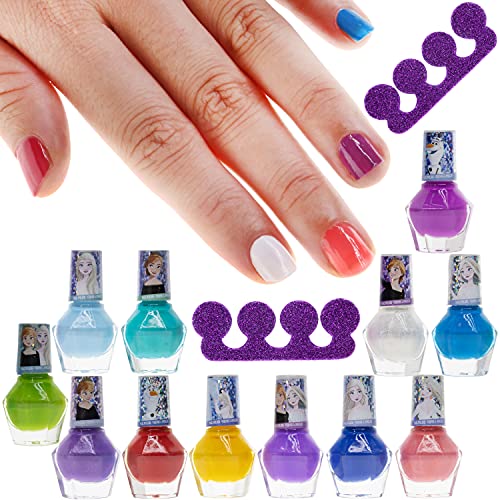 Disney Frozen - Townley Girl Juego de regalo de esmalte de uñas de secado rápido, no tóxico, para niños y niñas pequeñas, con limas de uñas de bonificación, 12 piezas