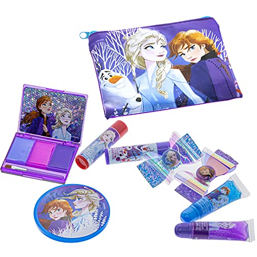 Disney Frozen - Townley Girl Set de maquillaje cosmético para niñas con clips, presión en las uñas, brillo de labios, pegatinas para uñas, bálsamo labial, gemas para uñas y espejo