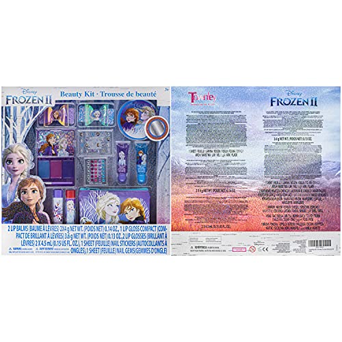 Disney Frozen - Townley Girl Set de maquillaje cosmético para niñas con clips, presión en las uñas, brillo de labios, pegatinas para uñas, bálsamo labial, gemas para uñas y espejo