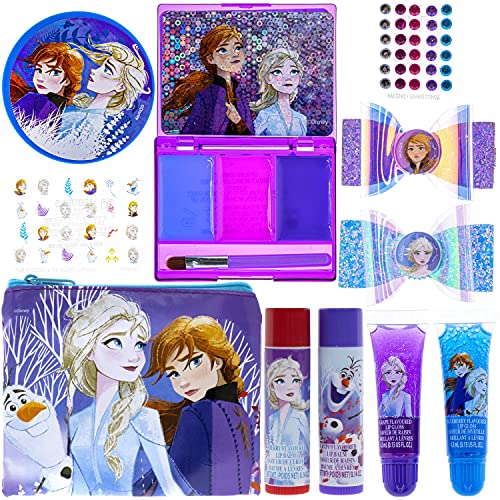 Disney Frozen - Townley Girl Set de maquillaje cosmético para niñas con clips, presión en las uñas, brillo de labios, pegatinas para uñas, bálsamo labial, gemas para uñas y espejo