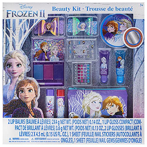 Disney Frozen - Townley Girl Set de maquillaje cosmético para niñas con clips, presión en las uñas, brillo de labios, pegatinas para uñas, bálsamo labial, gemas para uñas y espejo