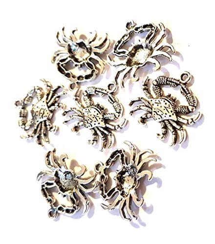 Dojore Pack of 10 Silver Colour Crab Charms. 24mm x 23mm. Ocean Seaside Animal Theme Pendants. Cancer Zodiac Astrology Sign. Jewellery Findings for Creating Earrings & Necklace