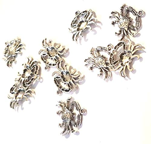 Dojore Pack of 10 Silver Colour Crab Charms. 24mm x 23mm. Ocean Seaside Animal Theme Pendants. Cancer Zodiac Astrology Sign. Jewellery Findings for Creating Earrings & Necklace