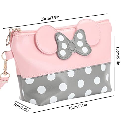 DOTS Bolsa de maquillaje de cuero, arco de dibujos animados Caja de cosmética Multifunción Multifunción de bolso de maquillaje, con cremallera Portátil Portátil bolsa de almacenamiento