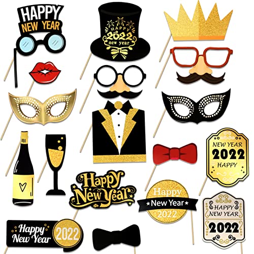 DPKOW 2022 Decoraciones para Fiestas de Fin de año,Feliz año Nuevo en Oro Pancarta y 20 Globos,Remolino Colgante Negro y Año Nuevo fotomatón Accesorios para Fin de año Fiestas Decoraciones 2022