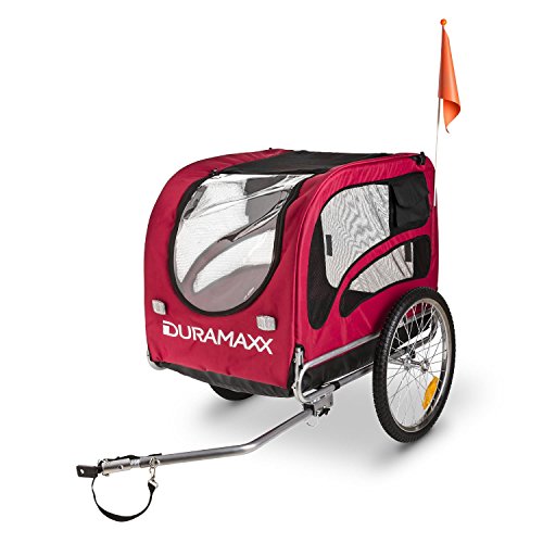 DURAMAXX King Rex - Remolque para Bicicletas, Capacidad 250 litros, máx. 40 kg, Acoplamiento Fijo, neumáticos 16", Llantas Acero, banderín, Nailon, Rojo