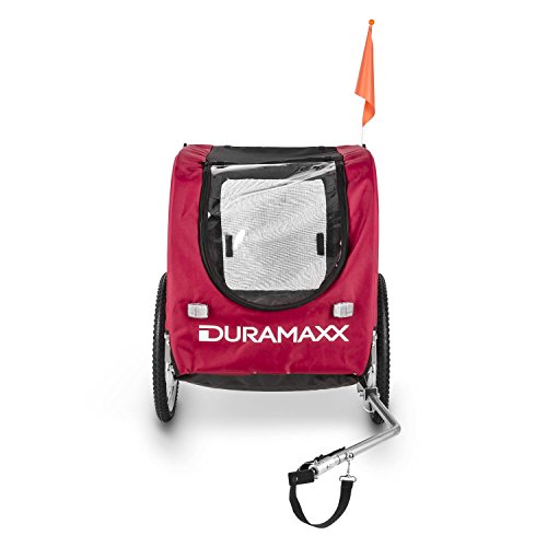 DURAMAXX King Rex - Remolque para Bicicletas, Capacidad 250 litros, máx. 40 kg, Acoplamiento Fijo, neumáticos 16", Llantas Acero, banderín, Nailon, Rojo