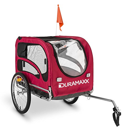 DURAMAXX King Rex - Remolque para Bicicletas, Capacidad 250 litros, máx. 40 kg, Acoplamiento Fijo, neumáticos 16", Llantas Acero, banderín, Nailon, Rojo