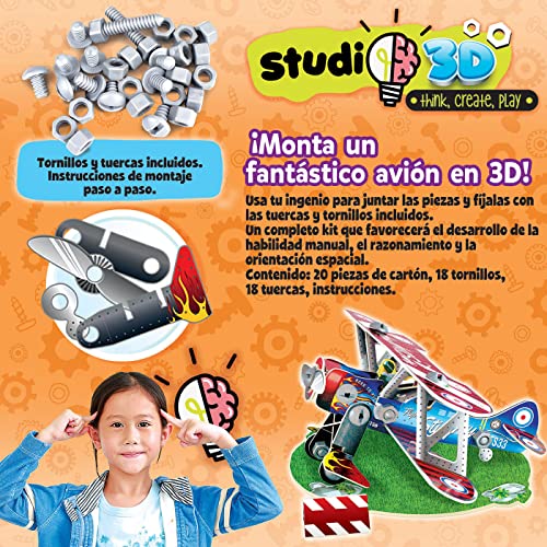 Educa Studio Puzzle en 3D con piezas, tornillos y tuercas. Monta un avión desde cero. +5 años (19185), multicolor