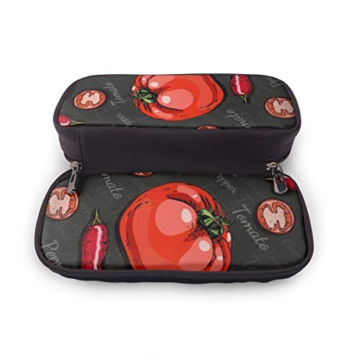 Estuche para lápices de cuero PU Color Cherry Tomatoes Chili Comida y bebida Estuche para bolígrafo Monedero Estuche para maquillaje cosmético