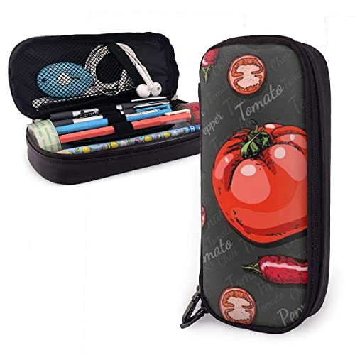 Estuche para lápices de cuero PU Color Cherry Tomatoes Chili Comida y bebida Estuche para bolígrafo Monedero Estuche para maquillaje cosmético