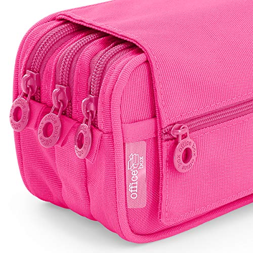 Estuche Portatodo Triple de Amplios Apartados Interiores con Tres Cremalleras para Material Escolar o Neceser. Fucsia