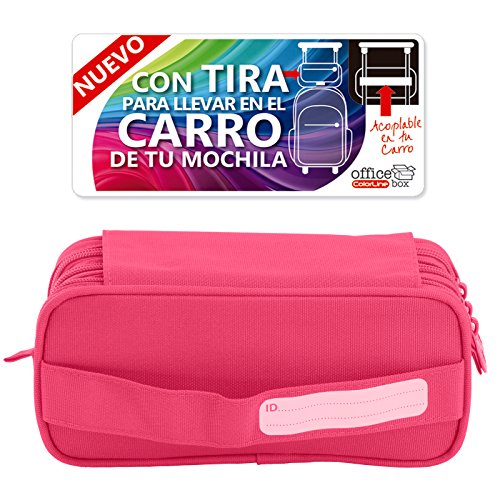 Estuche Portatodo Triple de Amplios Apartados Interiores con Tres Cremalleras para Material Escolar o Neceser. Fucsia