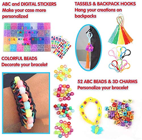 EXCEED DIY Gomas Loom Bandas, 10,000 Elásticos + Hebilla 600S + 200 Cuentas + 52 Cuentas ABC (2 Cada una) + 30 Modelos + 10 Ganchos + 5 Borlas + 5 Ganchillos + 3 Pinzas para el Cabello + 4 Pegatinas