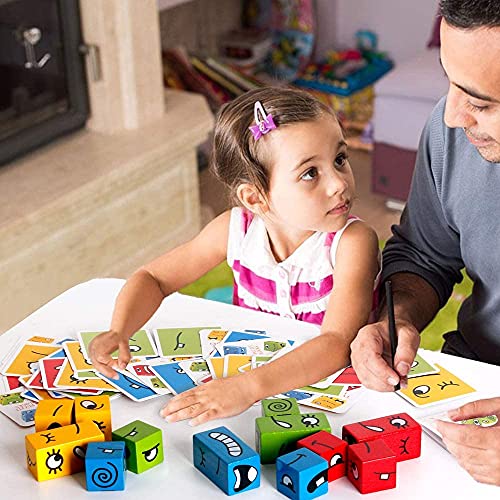 Expresiones Mágico Puzzle de Madera, Jrisbo Magic Face Cube Expresión Bloques Construccion Niños, 12 Cubos de Cara 50 Cartas Montessori Interactivo Rompecabezas