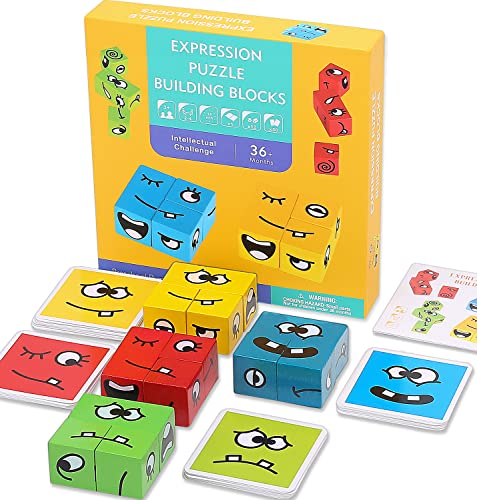 Expresiones Mágico Puzzle de Madera, Jrisbo Magic Face Cube Expresión Bloques Construccion Niños, 12 Cubos de Cara 50 Cartas Montessori Interactivo Rompecabezas