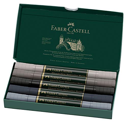 Faber-Castell 160306 - Rotulador de acuarela Albrecht Dürer con doble punta para una aplicación de color uniforme y precisa, estuche de 5 unidades, tonos grises, gris