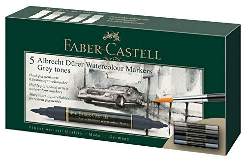 Faber-Castell 160306 - Rotulador de acuarela Albrecht Dürer con doble punta para una aplicación de color uniforme y precisa, estuche de 5 unidades, tonos grises, gris