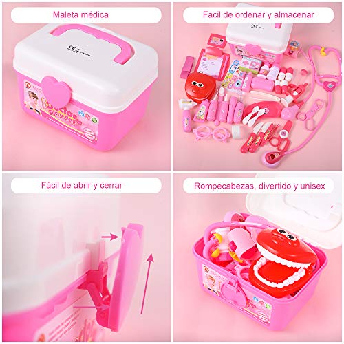 Faburo 49 Piezas Maletín de Médico de Juguete para Niños y Niñas, Juego de rol Médico Dentista Enfermera Kit Clínica Dental Juego Fingir Juego Herramientas Juguete Set Regalos para Niños (Rosa)