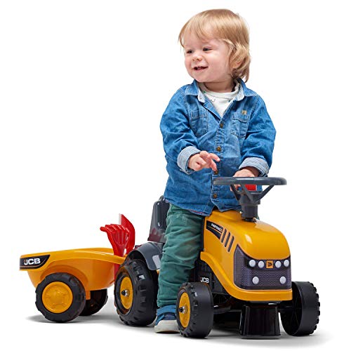 Falk – Portaobras JCB con Remolque – A Partir de 12 Meses – Fabricado en Francia – Pala y rastrillo incluidos, 2 Estilos de personalización, Placa de matrícula Personalizable – 215C