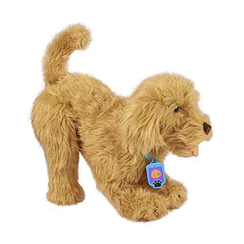 Famosa - Moji, Perro de peluche labrador interactivo, con más de 150 reacciones y trucos, tiene sonidos y movimientos, un collar inteligente emociones para los cuidados y accesorios, (700016894)