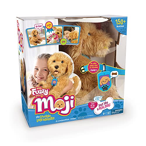 Famosa - Moji, Perro de peluche labrador interactivo, con más de 150 reacciones y trucos, tiene sonidos y movimientos, un collar inteligente emociones para los cuidados y accesorios, (700016894)