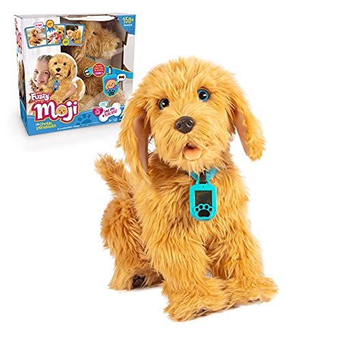 Famosa - Moji, Perro de peluche labrador interactivo, con más de 150 reacciones y trucos, tiene sonidos y movimientos, un collar inteligente emociones para los cuidados y accesorios, (700016894)