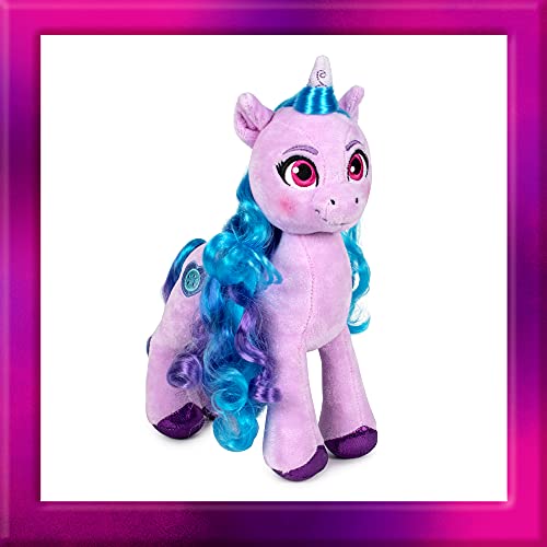 Famosa Softies - Peluche del unicornio Izzy Moonbow de la película My Little Pony: Una nueva Generación, es de color morado con el pelo azul y los ojos rosas, mide unos 25 centímetros (760020962)