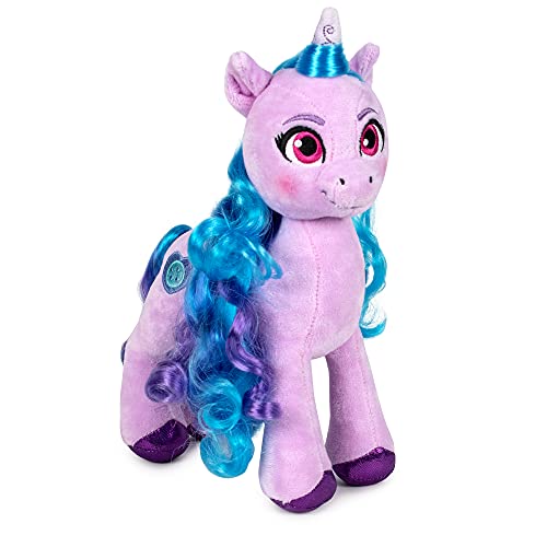 Famosa Softies - Peluche del unicornio Izzy Moonbow de la película My Little Pony: Una nueva Generación, es de color morado con el pelo azul y los ojos rosas, mide unos 25 centímetros (760020962)