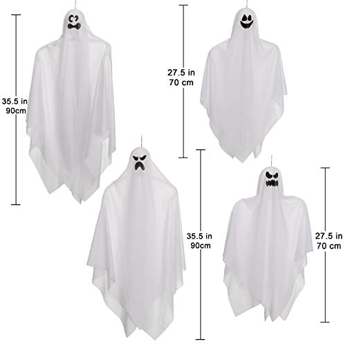 Fantasmas Colgantes de Halloween (4 Packs) Dos de 90 cm y Dos de 70 cm para Decoración de Fiesta de Halloween, Lindo Fantasma Volador