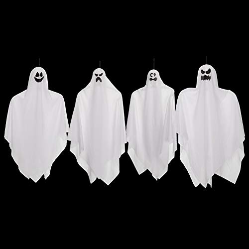 Fantasmas Colgantes de Halloween (4 Packs) Dos de 90 cm y Dos de 70 cm para Decoración de Fiesta de Halloween, Lindo Fantasma Volador