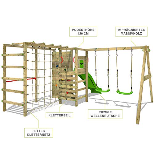 FATMOOSE Parque infantil de madera ActionArena con columpio y tobogán manzana verde, Área de juegos da exterior, pared de escalada Sueco con pared de escalada para niños