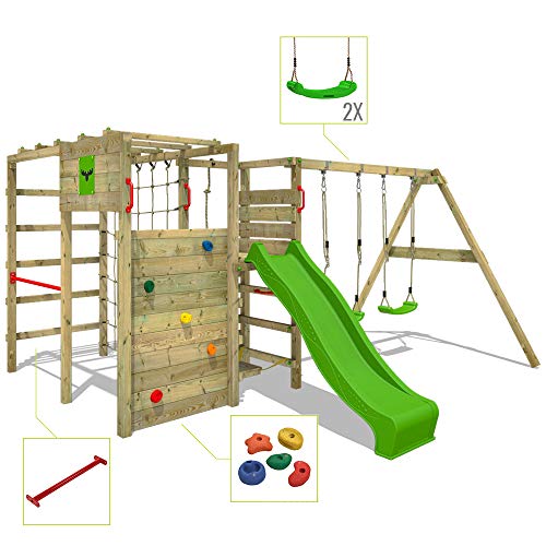 FATMOOSE Parque infantil de madera ActionArena con columpio y tobogán manzana verde, Área de juegos da exterior, pared de escalada Sueco con pared de escalada para niños