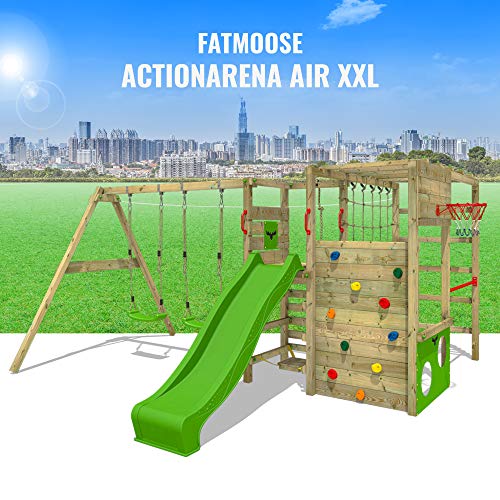 FATMOOSE Parque infantil de madera ActionArena con columpio y tobogán manzana verde, Área de juegos da exterior, pared de escalada Sueco con pared de escalada para niños