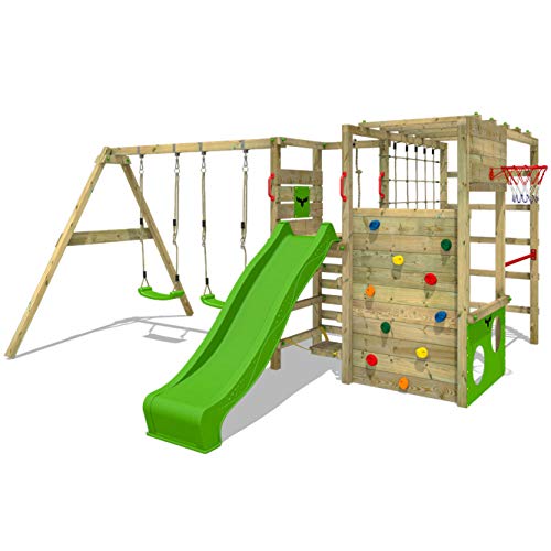 FATMOOSE Parque infantil de madera ActionArena con columpio y tobogán manzana verde, Área de juegos da exterior, pared de escalada Sueco con pared de escalada para niños