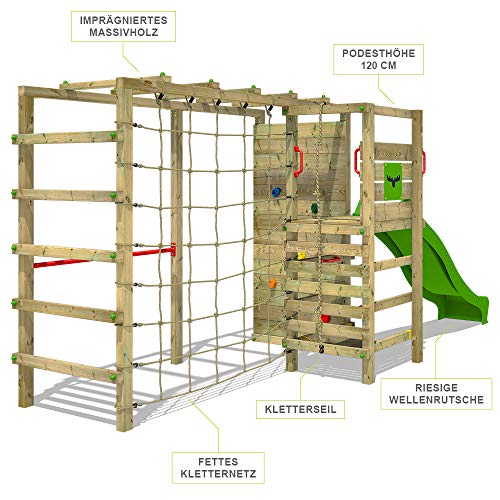 FATMOOSE Parque infantil de madera ActionArena con tobogán manzana verde, Área de juegos da exterior, pared de escalada Sueco con pared de escalada para niños