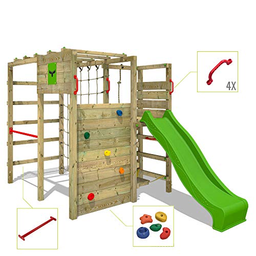 FATMOOSE Parque infantil de madera ActionArena con tobogán manzana verde, Área de juegos da exterior, pared de escalada Sueco con pared de escalada para niños