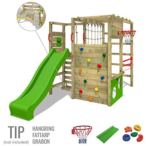 FATMOOSE Parque infantil de madera ActionArena con tobogán manzana verde, Área de juegos da exterior, pared de escalada Sueco con pared de escalada para niños