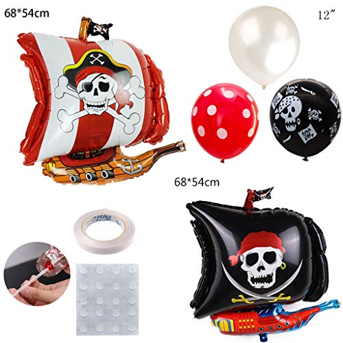 Feelairy 22 pcs Globos Piratas Gigantes Globo de Helio Barco Pirata, Globos de Calavera, Globos de Látex LunaresRojos, Globos Blancos, Juego de Accesorios Piratas para Cumpleaños de Niños