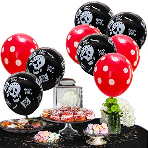 Feelairy 22 pcs Globos Piratas Gigantes Globo de Helio Barco Pirata, Globos de Calavera, Globos de Látex LunaresRojos, Globos Blancos, Juego de Accesorios Piratas para Cumpleaños de Niños