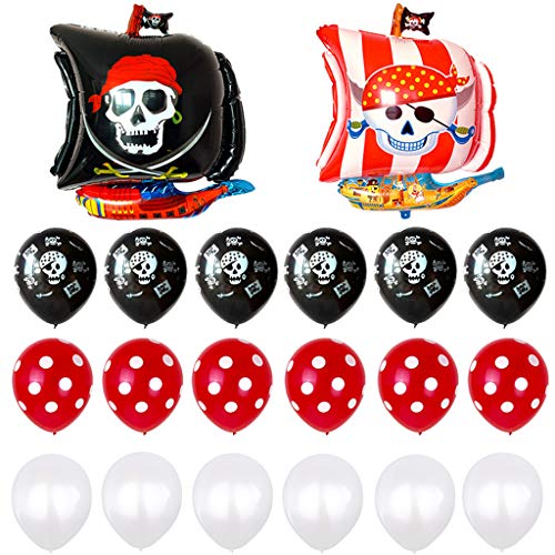 Feelairy 22 pcs Globos Piratas Gigantes Globo de Helio Barco Pirata, Globos de Calavera, Globos de Látex LunaresRojos, Globos Blancos, Juego de Accesorios Piratas para Cumpleaños de Niños