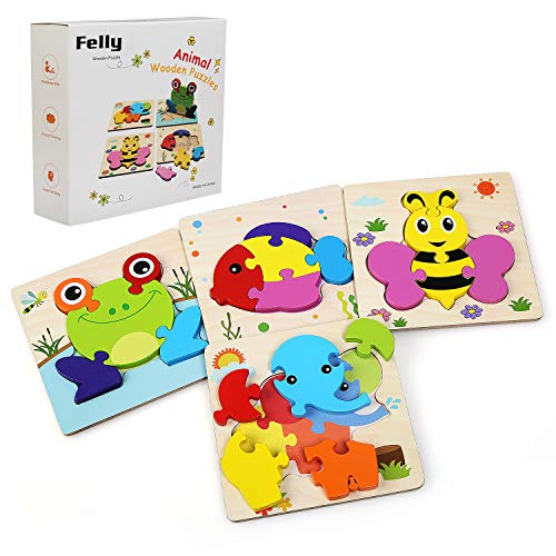 Felly Juguetes Bebe, Juguetes Montessori, Puzzles de Madera Educativos para Bebé, Juguetes niños 1 año 2 3 4 5 6 años, Dibujo de Animal Colorido con Placa, Regalo de cumpleaños, Navidad