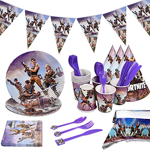 FGen Artículos de Fiestas para Fanáticos de los Videojuegos, Decoraciones para Cumpleaños de Tema de Videojuegos, con Lámina, Taza, Manteles, Pancartas, Toallas de Papel, Sombrero (78 PCS)