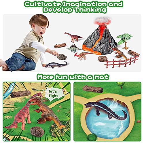 Figuras de dinosaurio de volcán de juguete con estera de juego, figuras educativas de dinosaurios realistas con volcán, piedra y árbol Dino World Playset regalos para niños y niñas