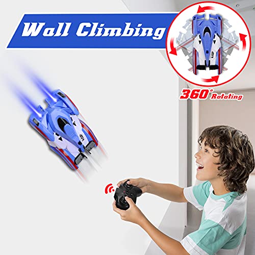 Fivejoy Coche Teledirigido, Coche RC, Coche Teledirigido para Niño con 2 Modos de Pared/Piso, 360 Rotación Climber Alta Velocidad Control Remoto Coches, Luces LED y Cable USB, Juguetes para Niños Azul