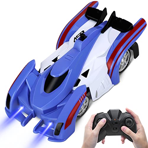 Fivejoy Coche Teledirigido, Coche RC, Coche Teledirigido para Niño con 2 Modos de Pared/Piso, 360 Rotación Climber Alta Velocidad Control Remoto Coches, Luces LED y Cable USB, Juguetes para Niños Azul